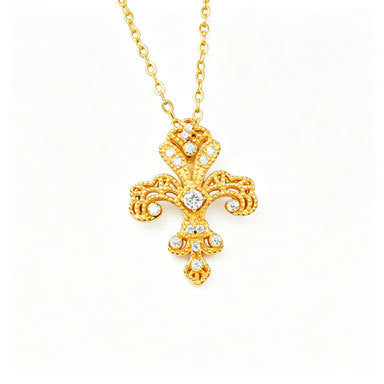 925 Sterling Silver 24K Yellow Gold Vintage Iris Hollow Carved Pave Necklace - Photo 5