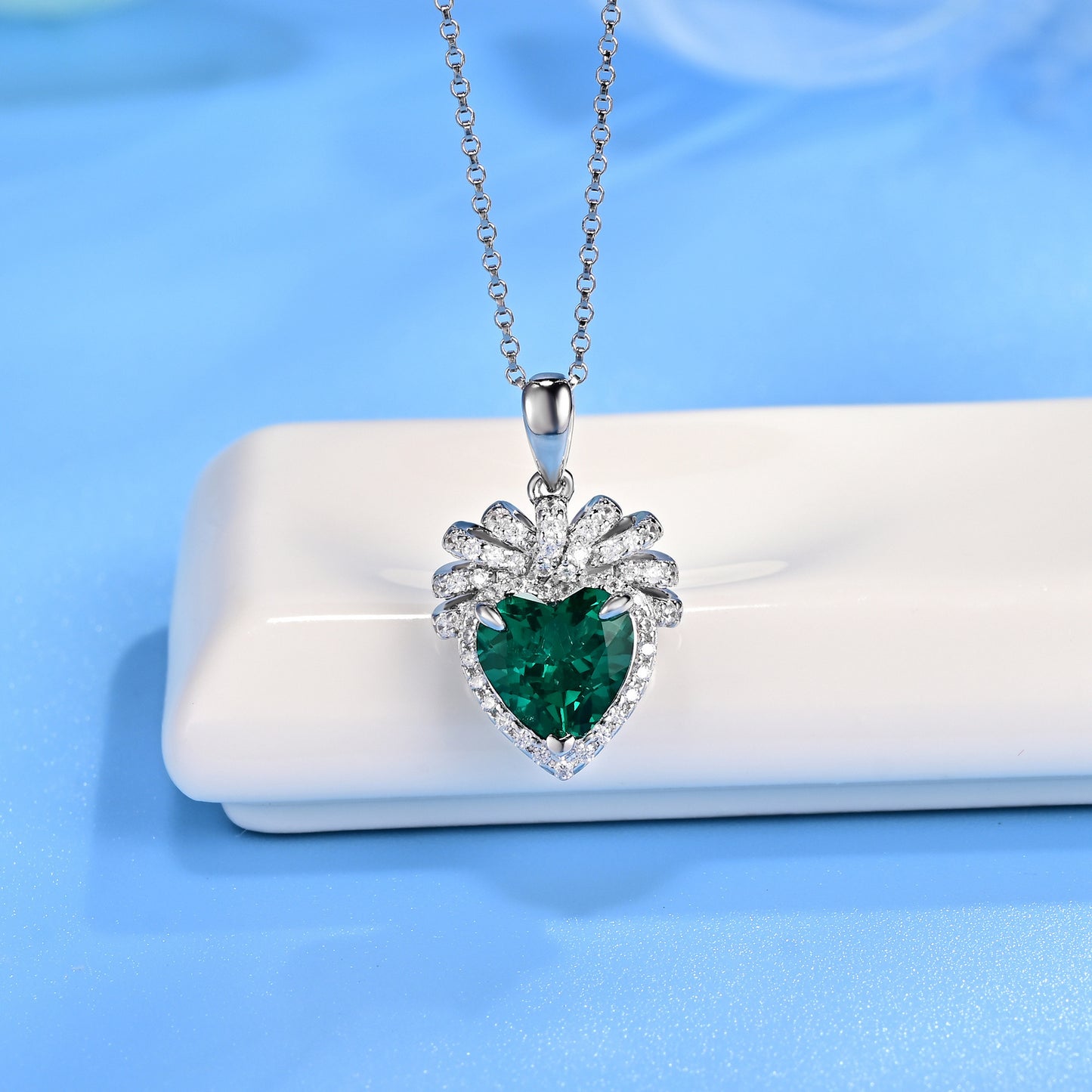 Lab Emerald Necklace S925 Silver Heart 3-Claw Diamond Cluster Love Halo, Valentine - Photo 2