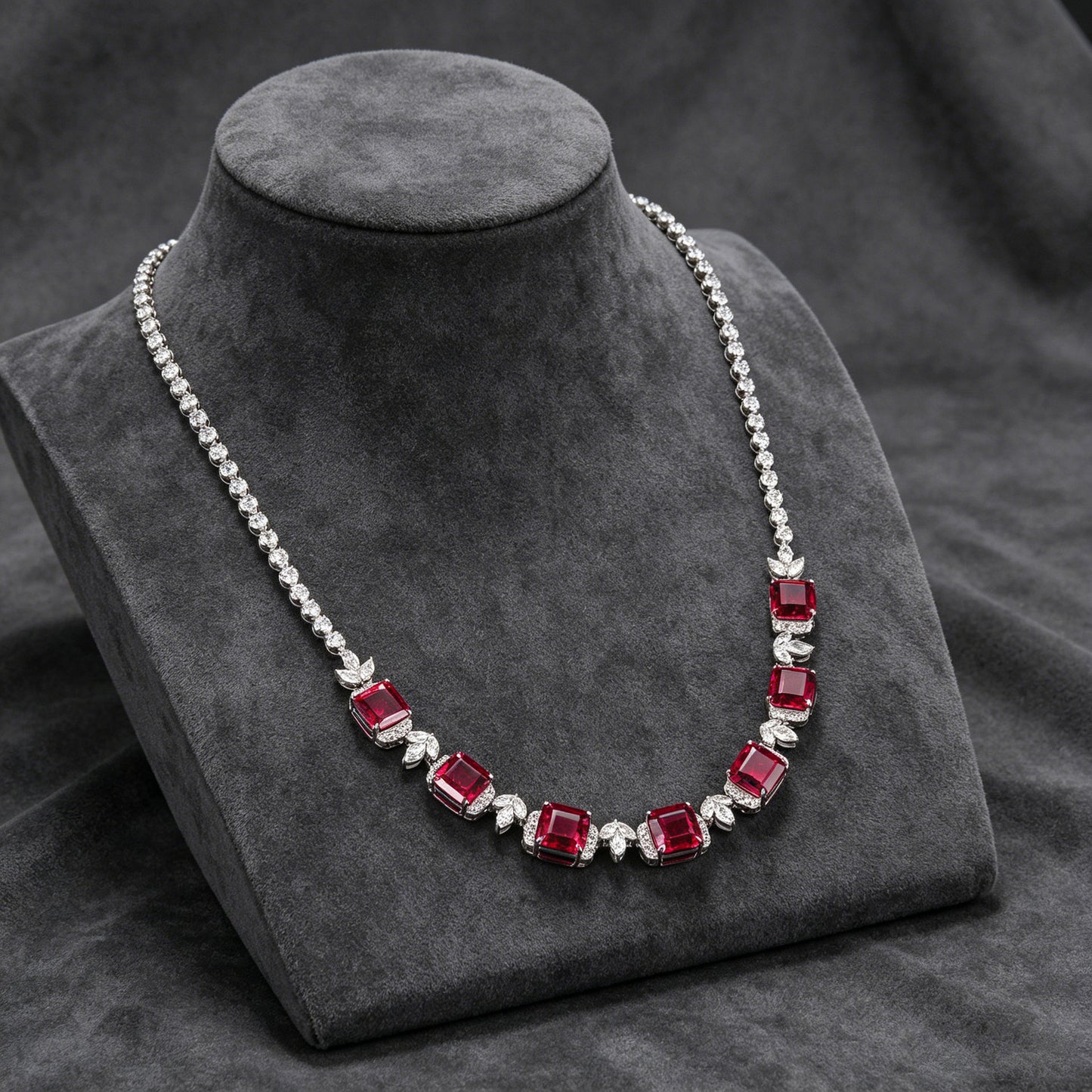 S925 Sterling Silver Red Corundum Pave Necklace, Premium for Women - Photo 4