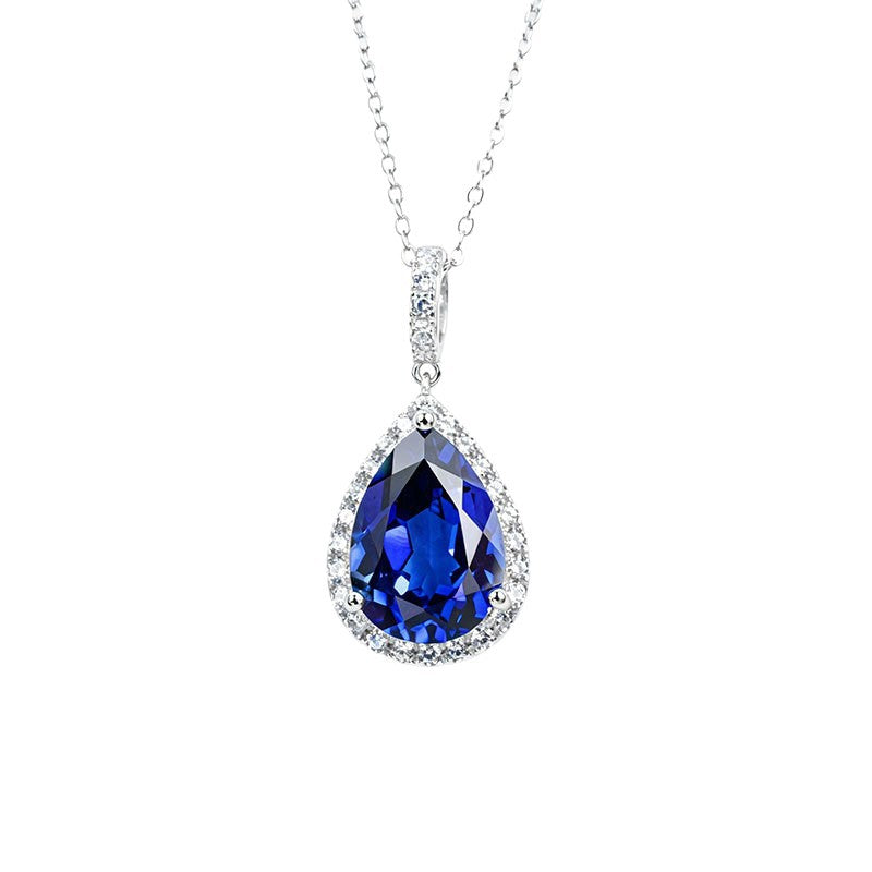 S925 Silver Teardrop Lab Sapphire Halo Evening Pendant Necklace, Birthday Anniversary Gift - Photo 5