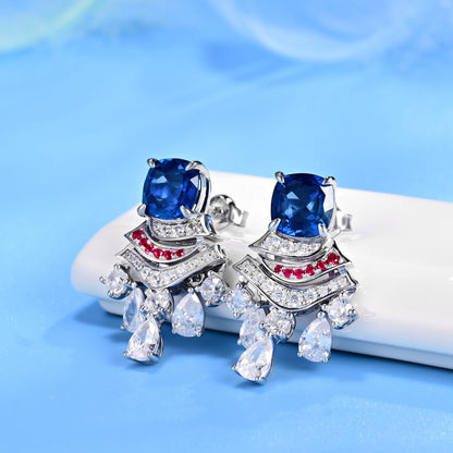 S925 Sterling Silver Lab Sapphire Vintage Fan Tassel Long Drop Earrings, for Women - Photo 3