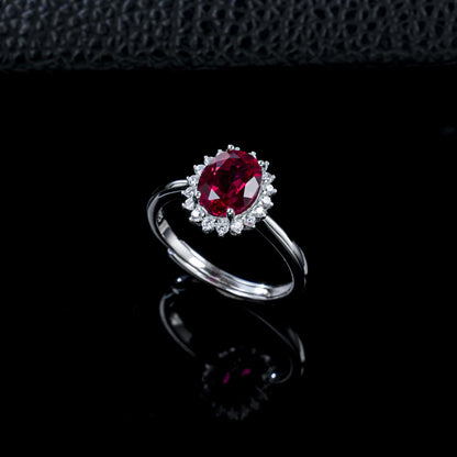 S925 Silver Lab Ruby Ring Sunflower Diamond Halo, Gift - Photo 6