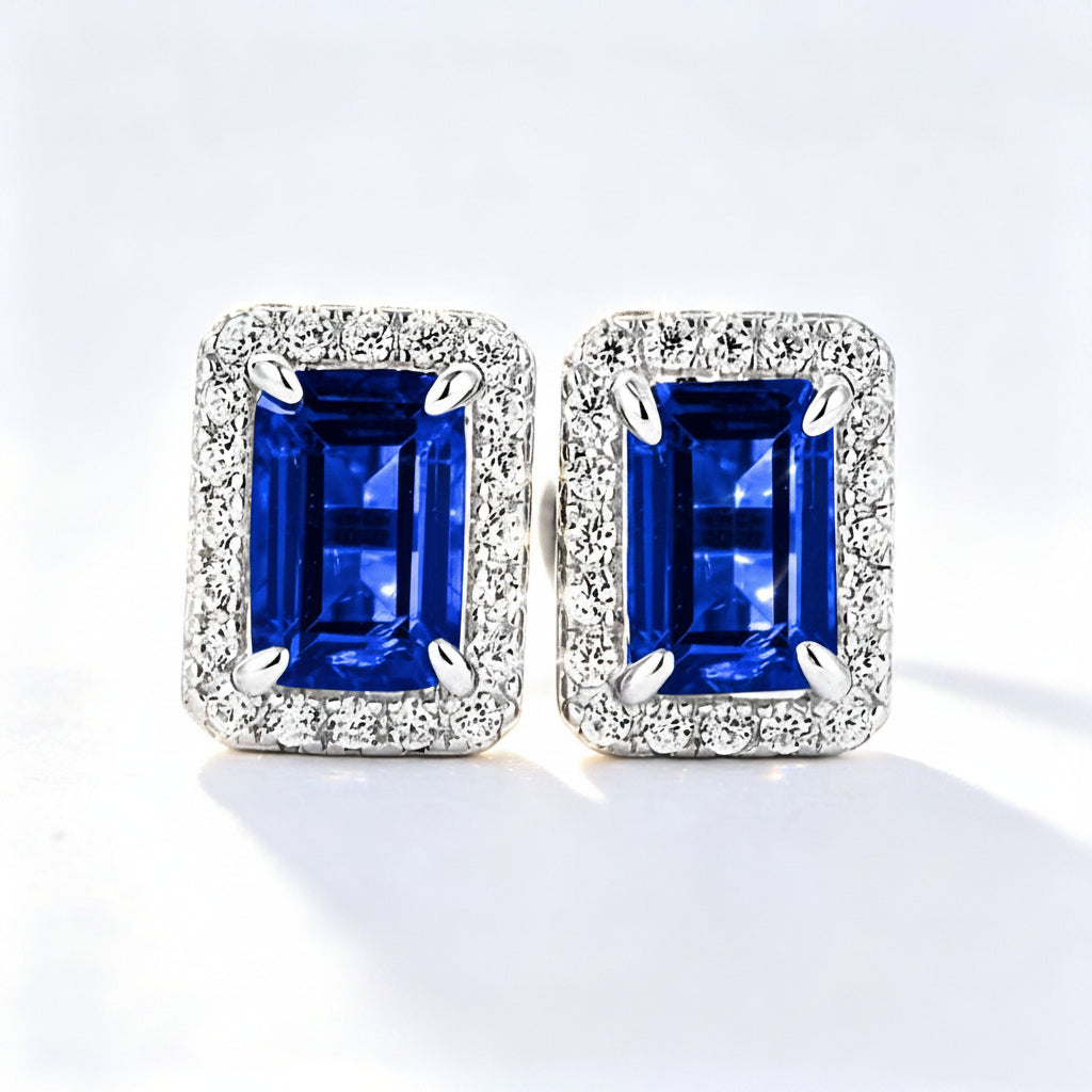 S925 Silver Emerald-Cut Sapphire Stud Earrings Square Halo, Simple Versatile - Photo 1