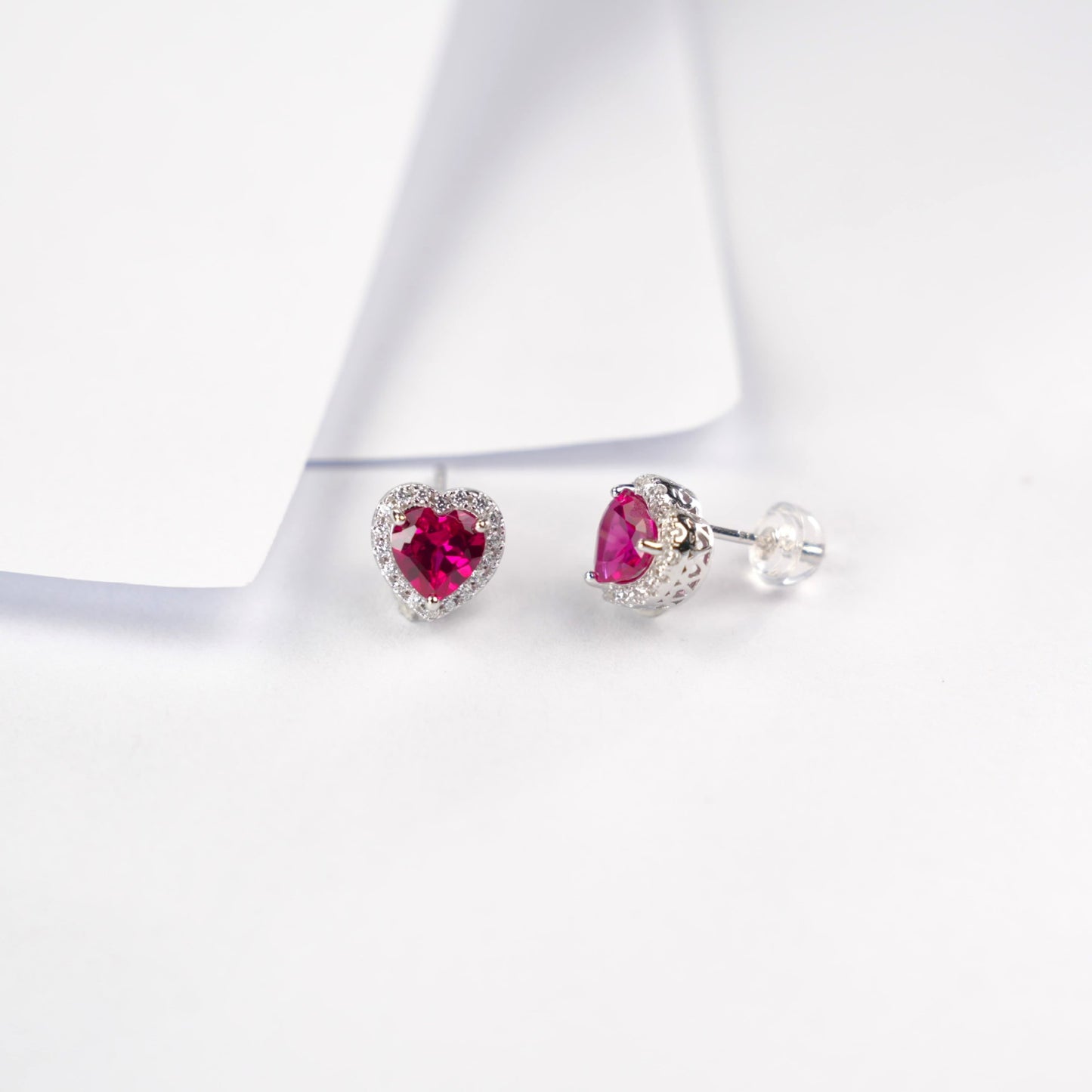 S925 Sterling Silver Lab Ruby Heart Halo Earrings, Date Versatile - Photo 4
