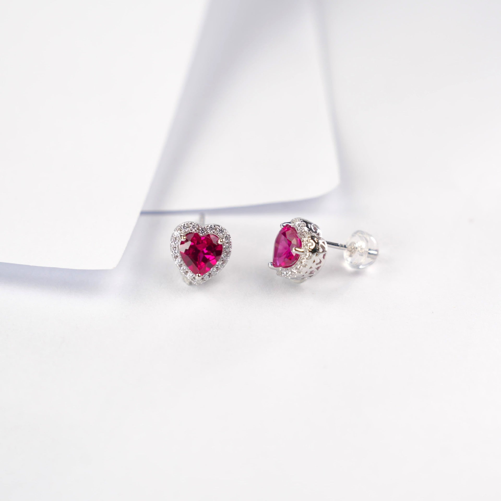 S925 Sterling Silver Lab Ruby Heart Halo Earrings, Date Versatile - Photo 4