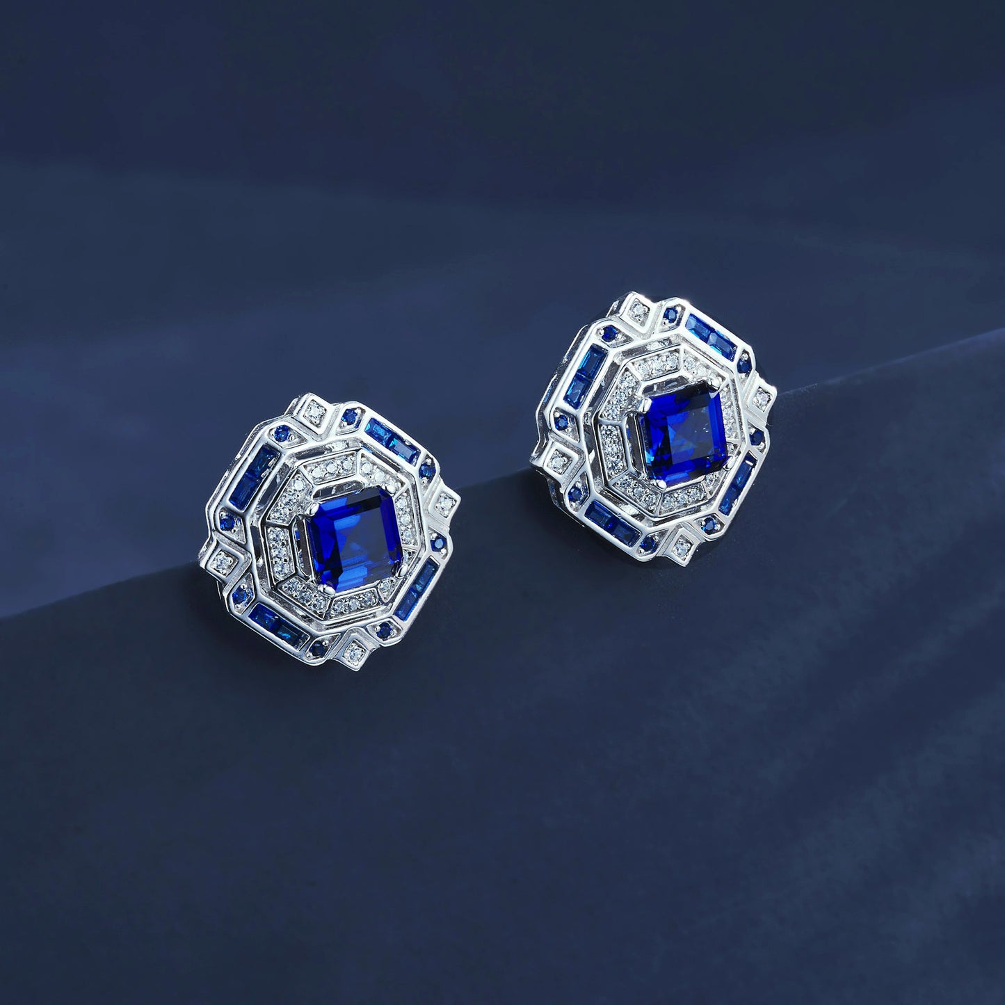 925 Sterling Silver Lab Sapphire Octagon Halo Earrings, Vintage Versatile - Photo 3