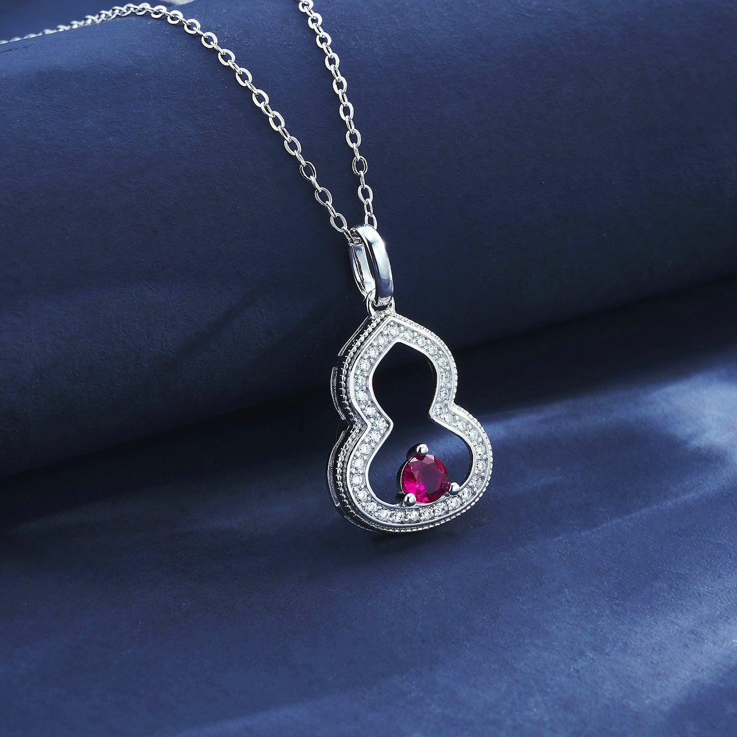 S925 Sterling Silver Lab Ruby Gourd Hollow Pendant Necklace, Chinese Style Versatile - Photo 3