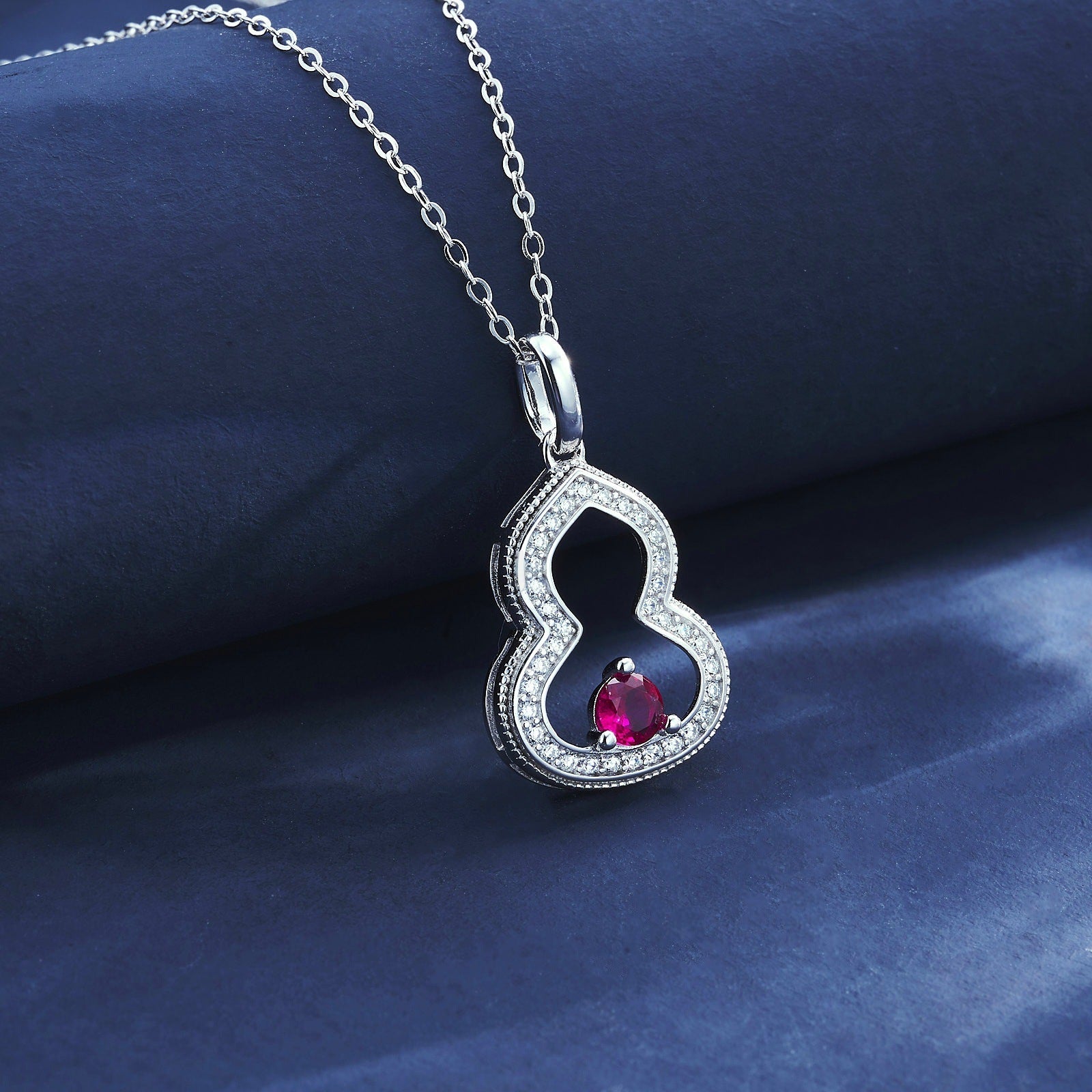 S925 Sterling Silver Lab Ruby Gourd Hollow Pendant Necklace, Chinese Style Versatile - Photo 3