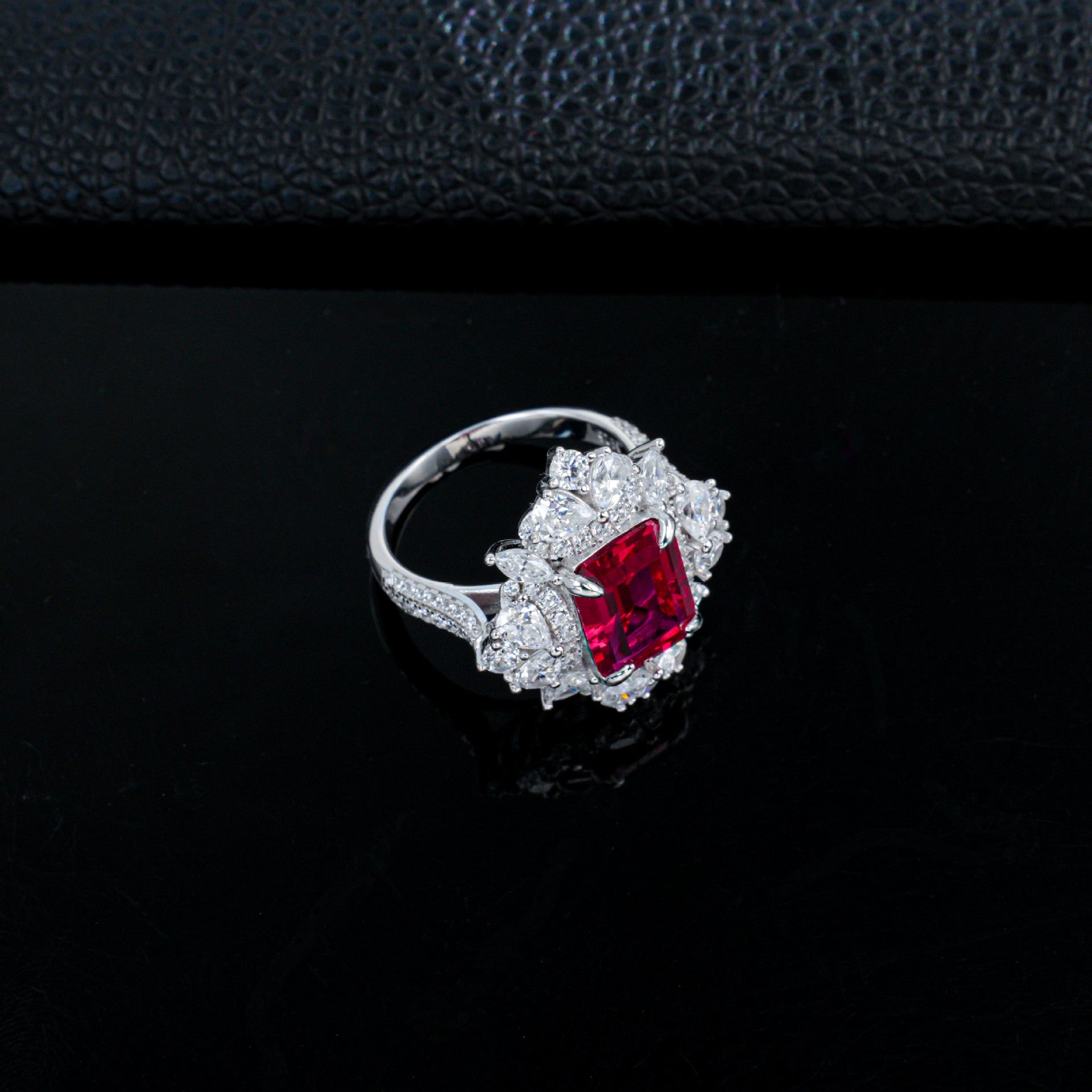 Lab Ruby Ring S925 Silver 4-Claw Diamond Flower Cluster Halo, Evening Wedding - Photo 4