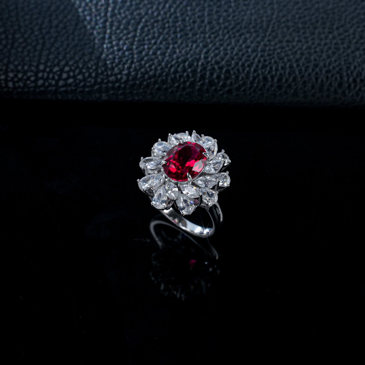 S925 Sterling Silver Oval Lab Ruby Sunflower Ring, Blooming Flower - Photo 6