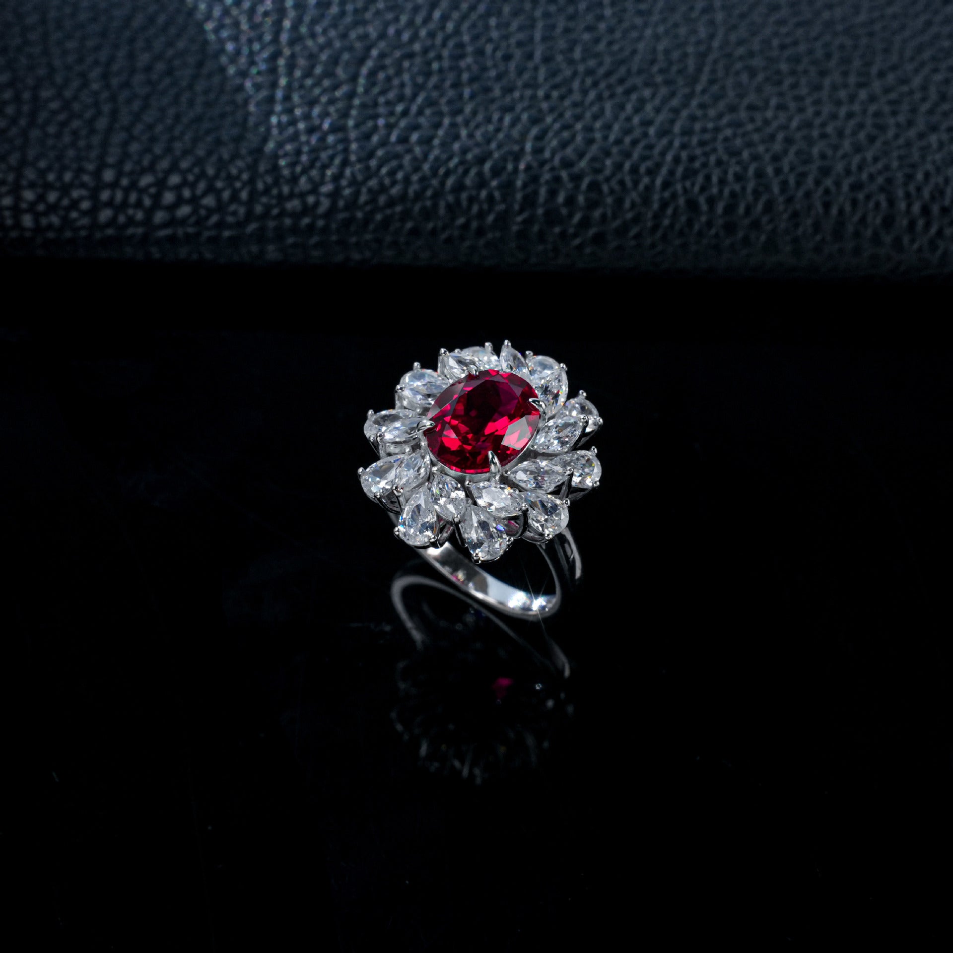 S925 Sterling Silver Oval Lab Ruby Sunflower Ring, Blooming Flower - Photo 6