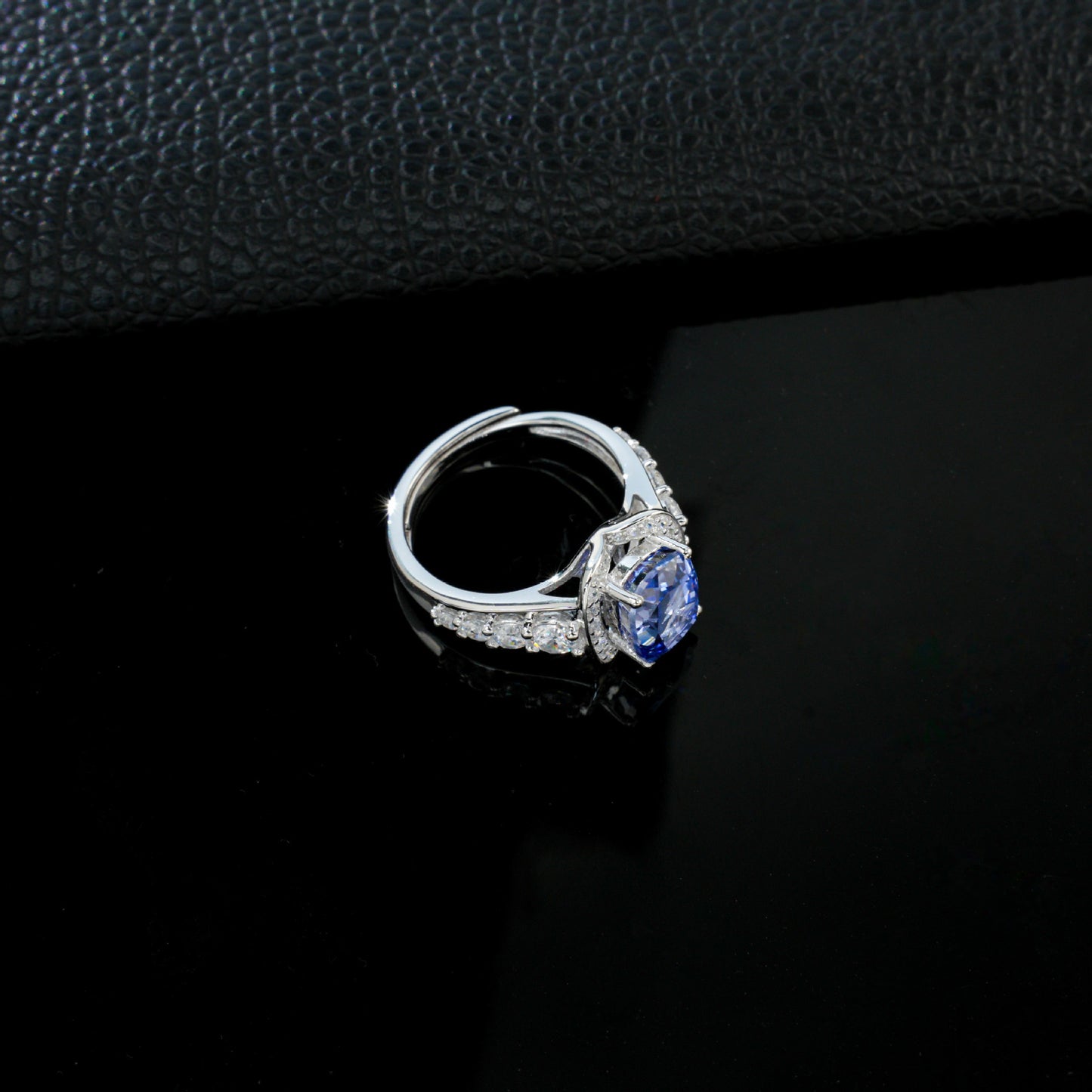 S925 Sterling Silver Cornflower Lab Sapphire Halo Adjustable Open Ring, Vintage Premium - Photo 4