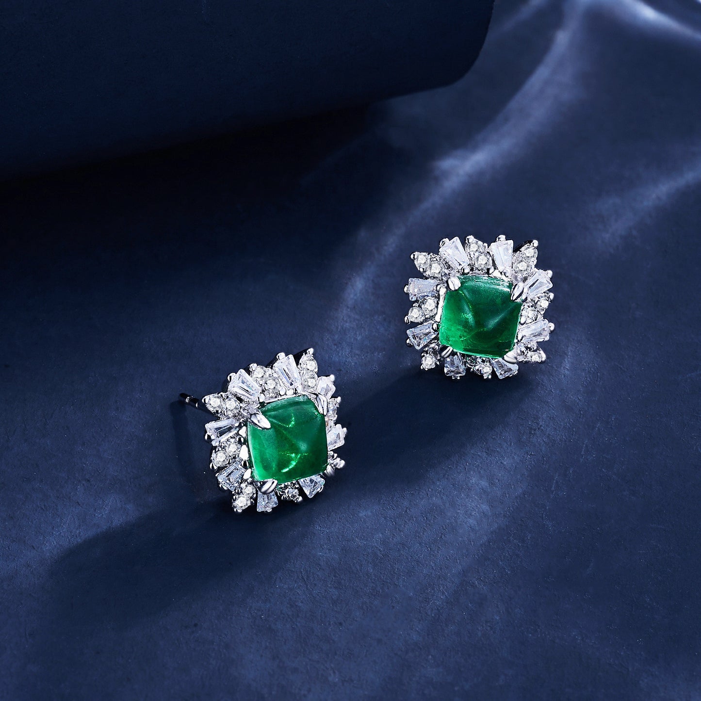 S925 Silver Sugarloaf Lab Emerald Stud Earrings, Sunflower Diamond Halo - Photo 3
