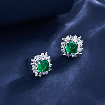S925 Silver Sugarloaf Lab Emerald Stud Earrings, Sunflower Diamond Halo - Photo 3