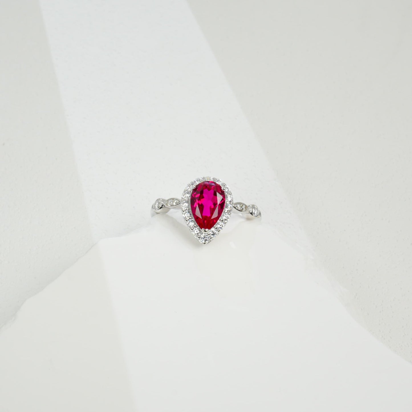 S925 Sterling Silver Lab Ruby Teardrop Pave Pear Ring, for Women - Photo 3