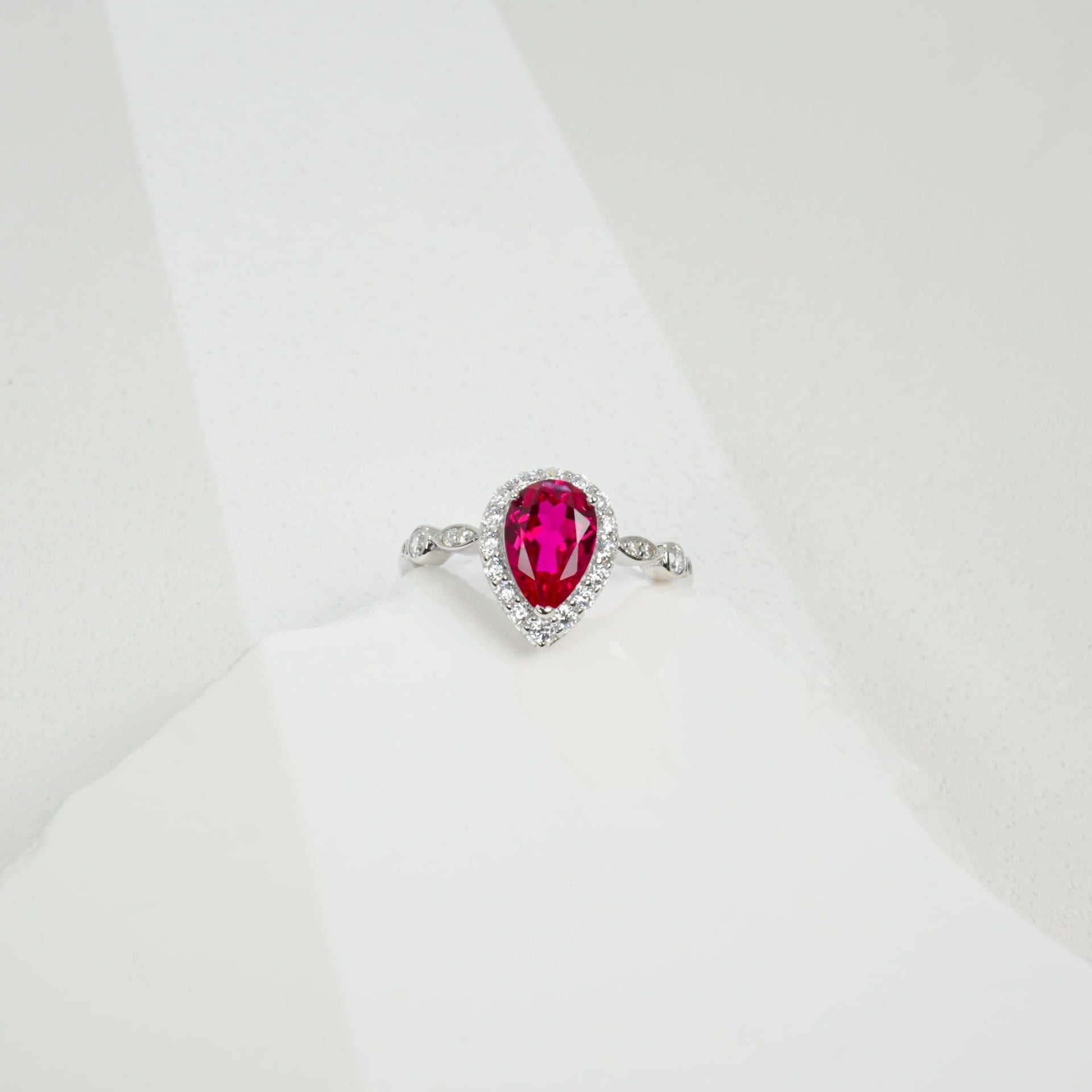 S925 Sterling Silver Lab Ruby Teardrop Pave Pear Ring, for Women - Photo 3