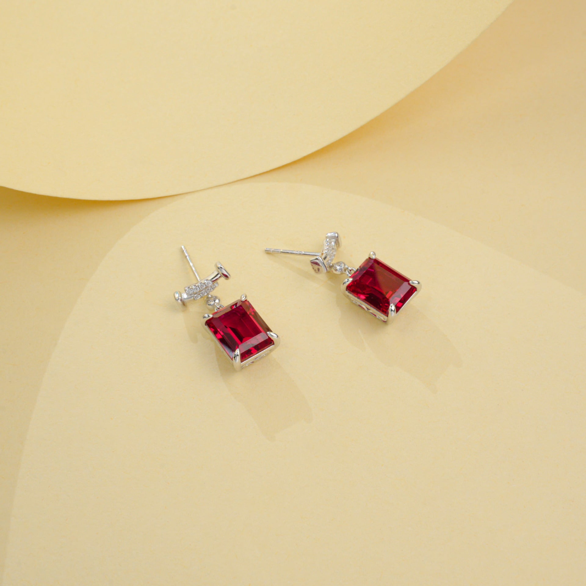 S925 Sterling Silver Lab Ruby Rectangular Earrings, Premium - Photo 4