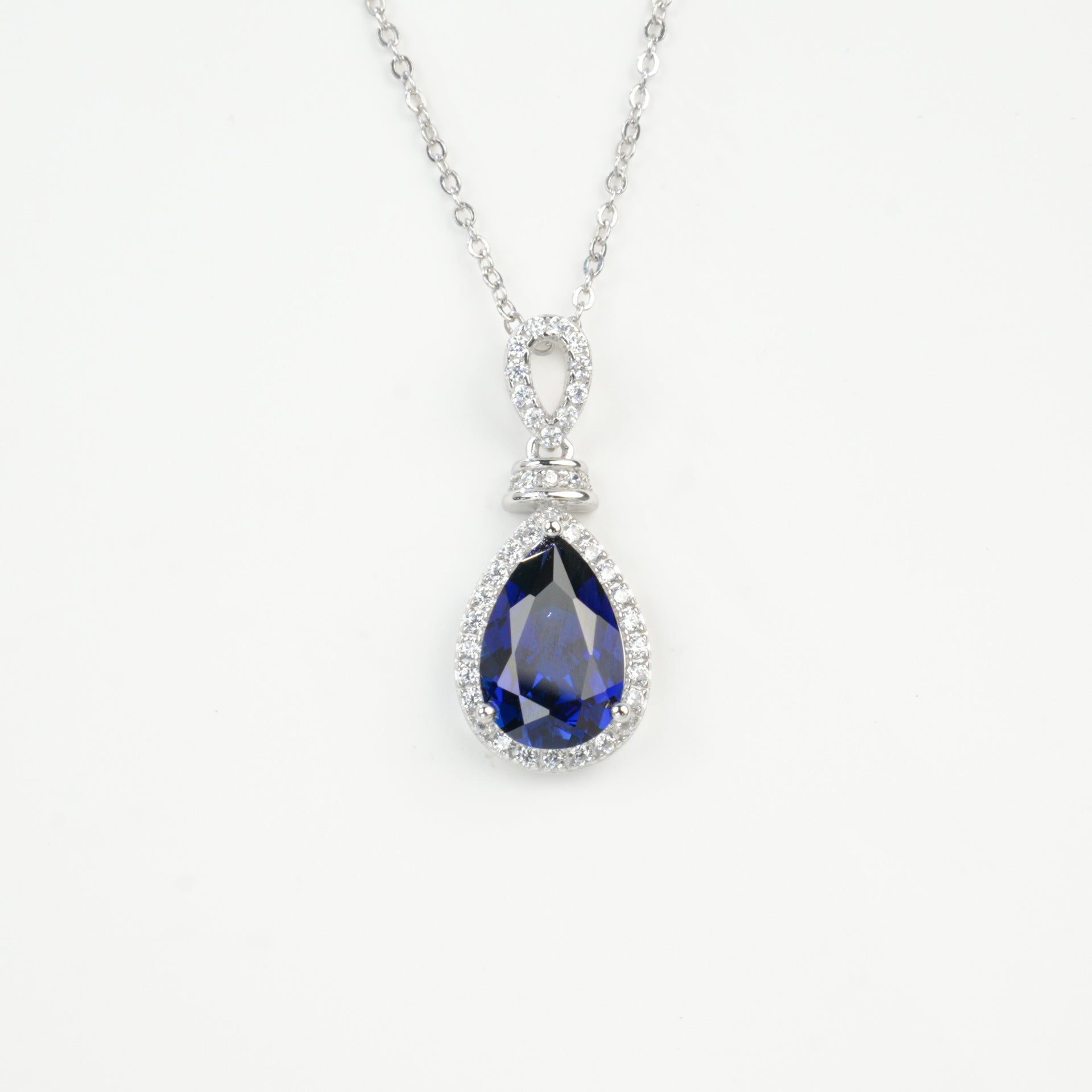 925 Sterling Silver Lab Sapphire Teardrop Pave Choker Necklace, Versatile for Women - Photo 6