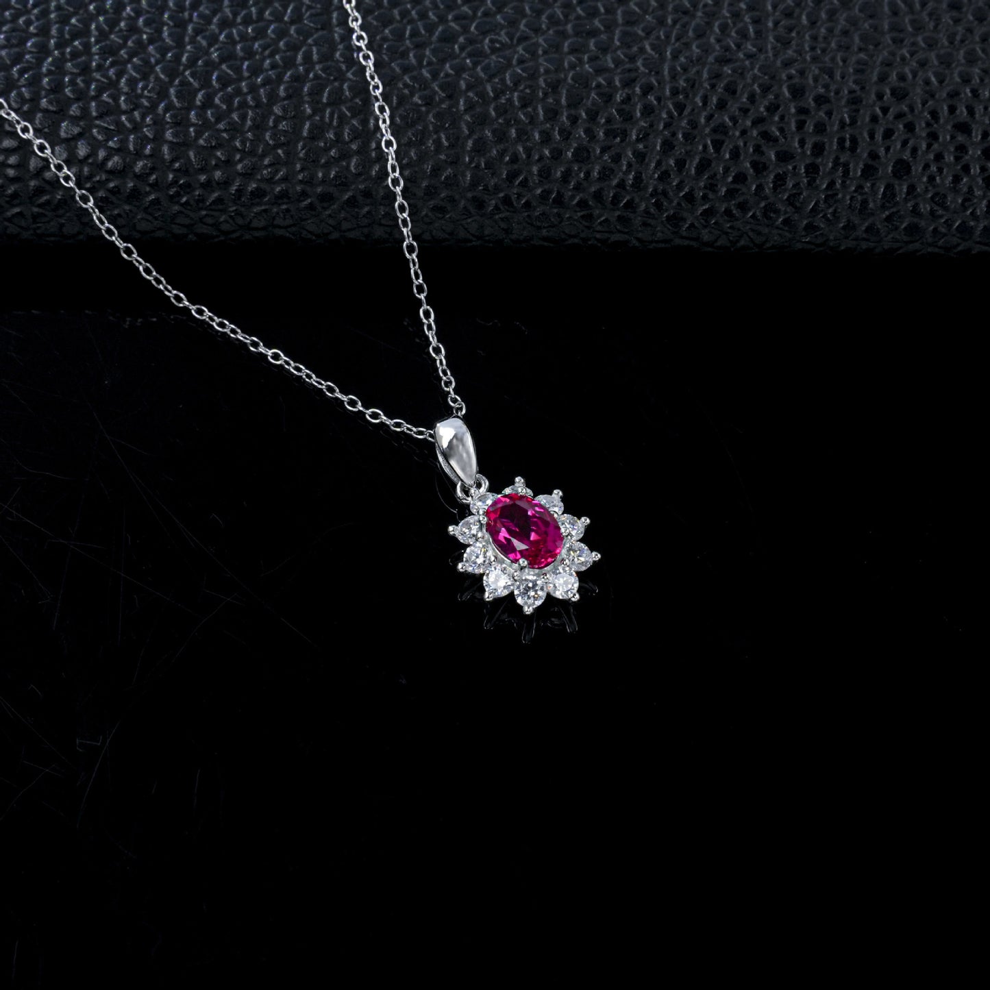 Classic Rose Red Ruby Diamond Silver Necklace, Vintage Premium Elegant - Photo 3