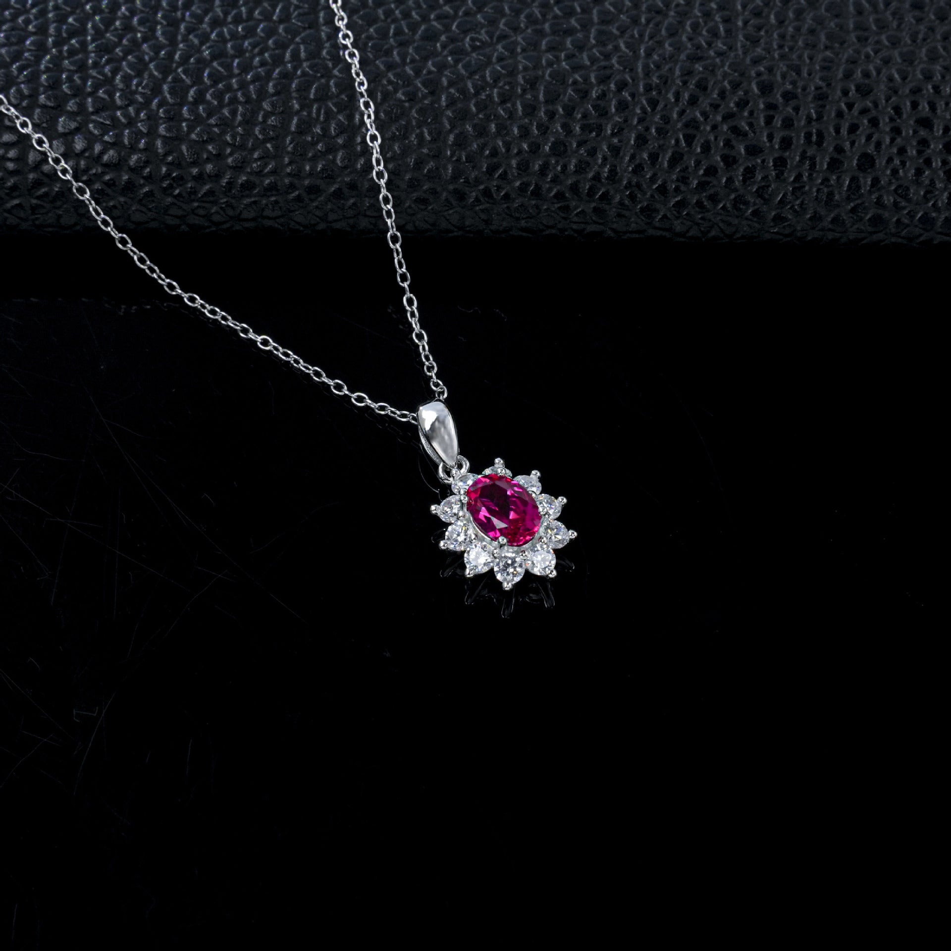 Classic Rose Red Ruby Diamond Silver Necklace, Vintage Premium Elegant - Photo 3
