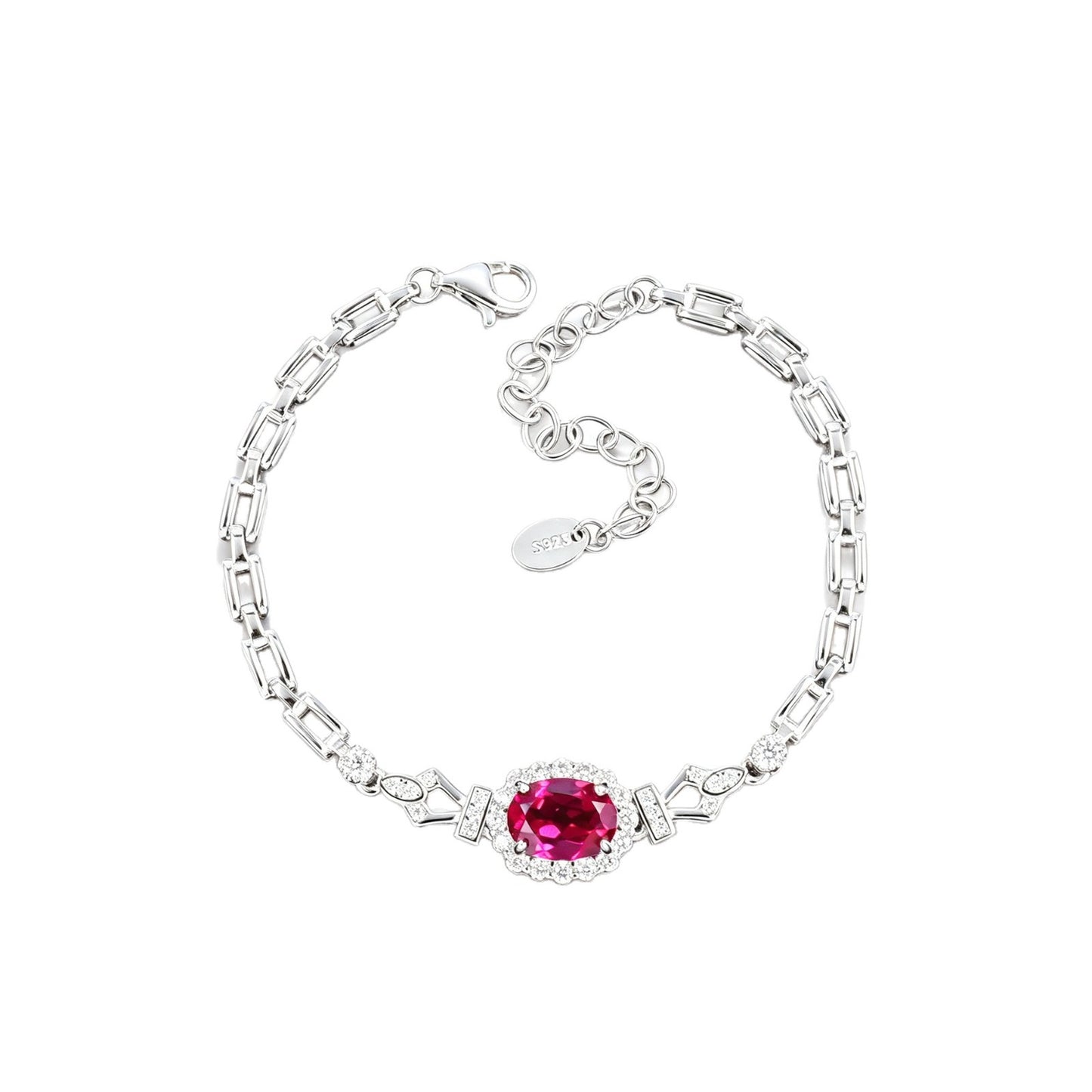 S925 Silver Oval Lab Ruby Bracelet, Full Diamond Halo - Photo 5