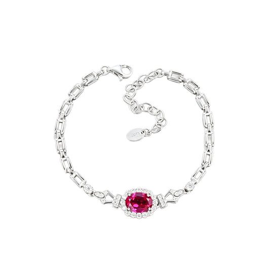 S925 Silver Oval Lab Ruby Bracelet, Full Diamond Halo - Photo 5