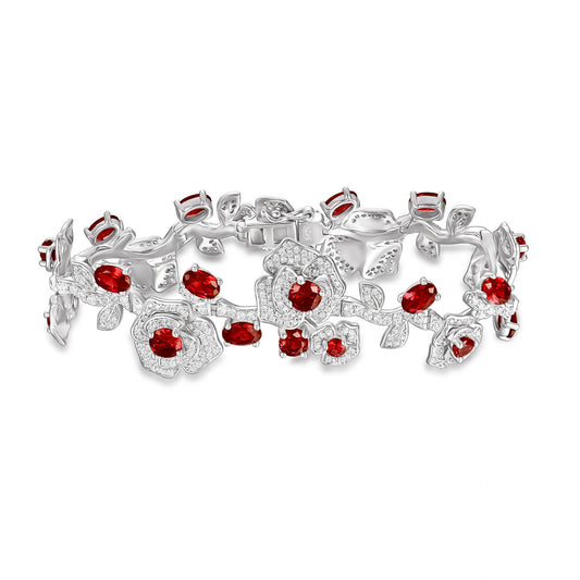 S925 Sterling Silver Lab Ruby Rose Branch Bracelet, Romantic Vintage Anniversary - Photo 5