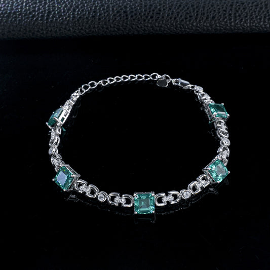S925 Silver Paraiba Tsavorite Bracelet, Geometric Hollow Chain - Photo 3