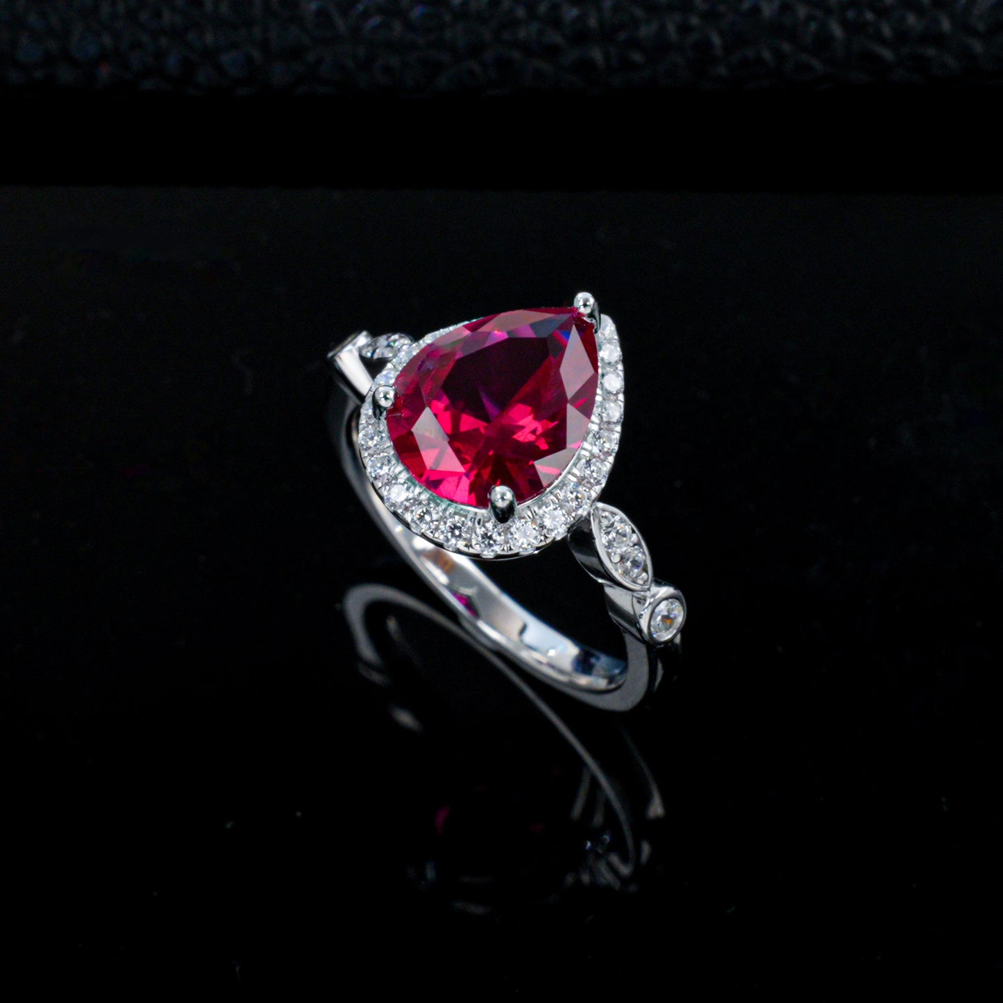 Teardrop Lab Ruby Ring 925 Silver Diamond Design, Premium Proposal Engagement - Photo 1