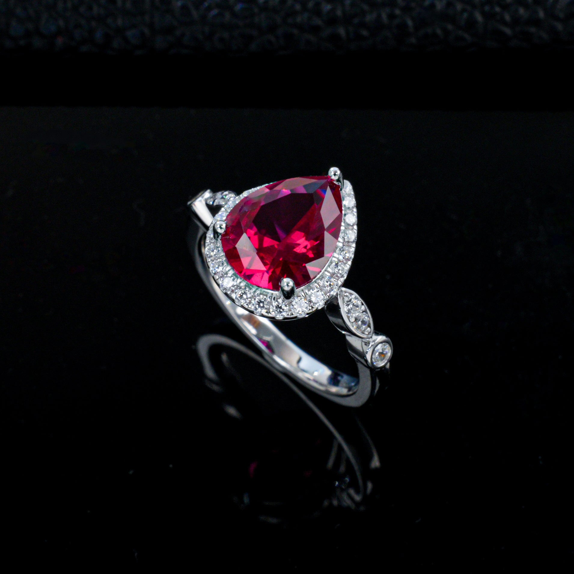 Teardrop Lab Ruby Ring 925 Silver Diamond Design, Premium Proposal Engagement - Photo 1
