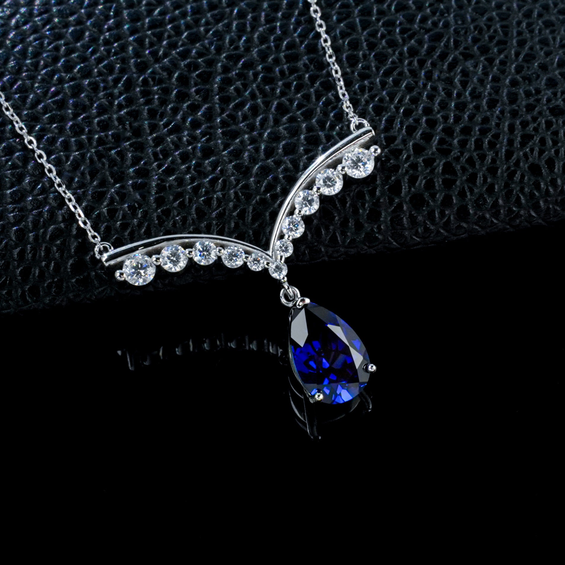 S925 Silver V-Shape Symmetric Pave Diamond Lab Sapphire Teardrop Pendant Necklace, Necklace Birthday Gift - Photo 2