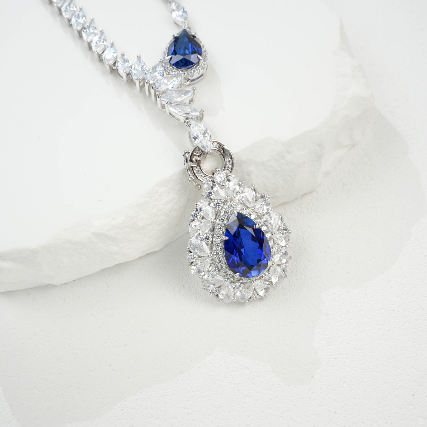 S925 Sterling Silver Lab Sapphire Teardrop Heavy Pave Necklace, Premium Gown - Photo 2