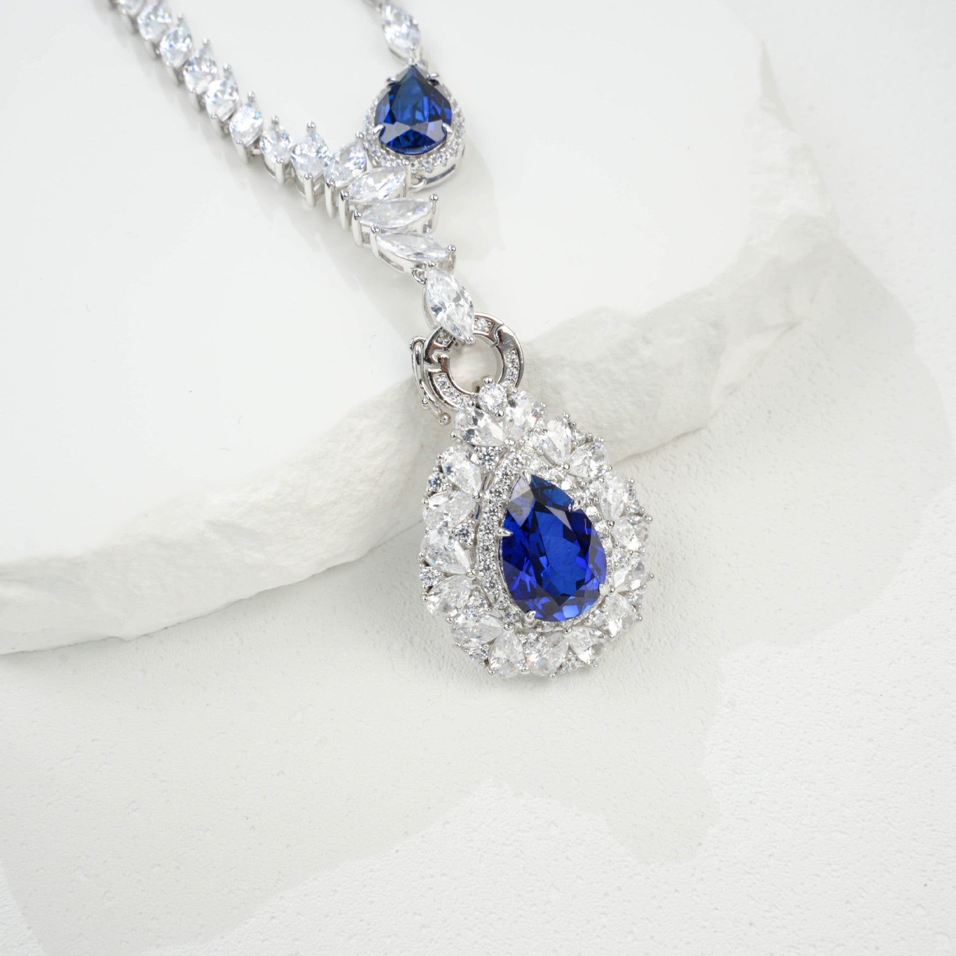 S925 Sterling Silver Lab Sapphire Teardrop Heavy Pave Necklace, Premium Gown - Photo 2