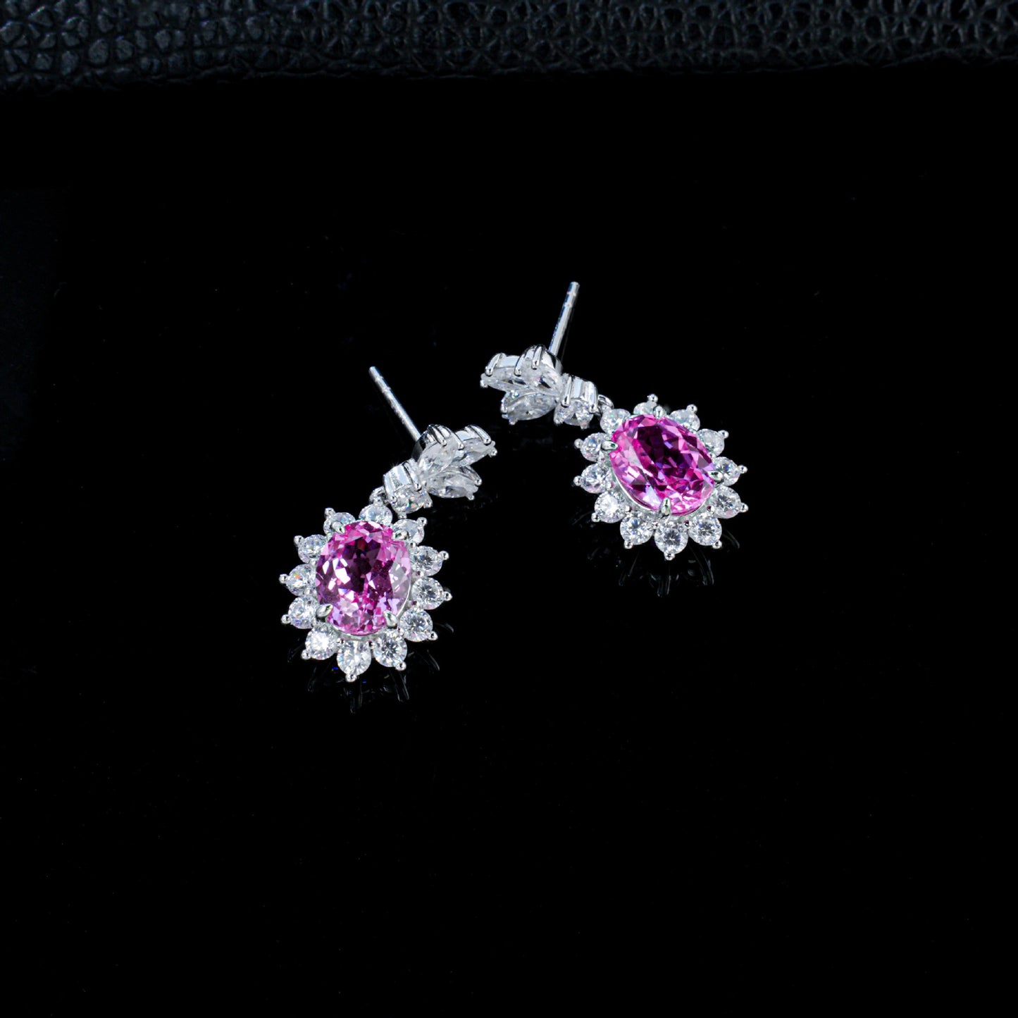 S925 Silver Lab Pink Sapphire Drop Earrings Oval Centre Sunflower Halo, Evening Wedding - Photo 3