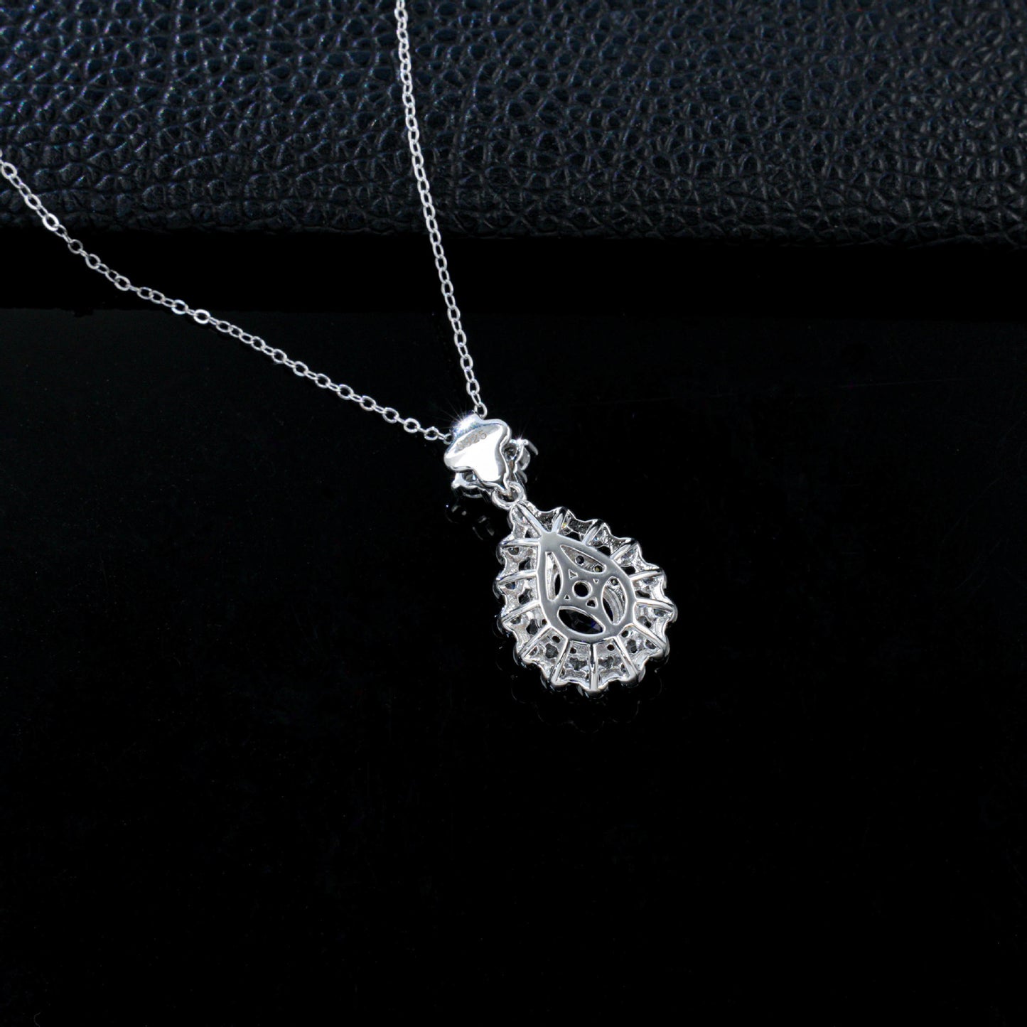 S925 Silver Royal Blue Lab Sapphire Teardrop Halo Necklace, Premium - Photo 4