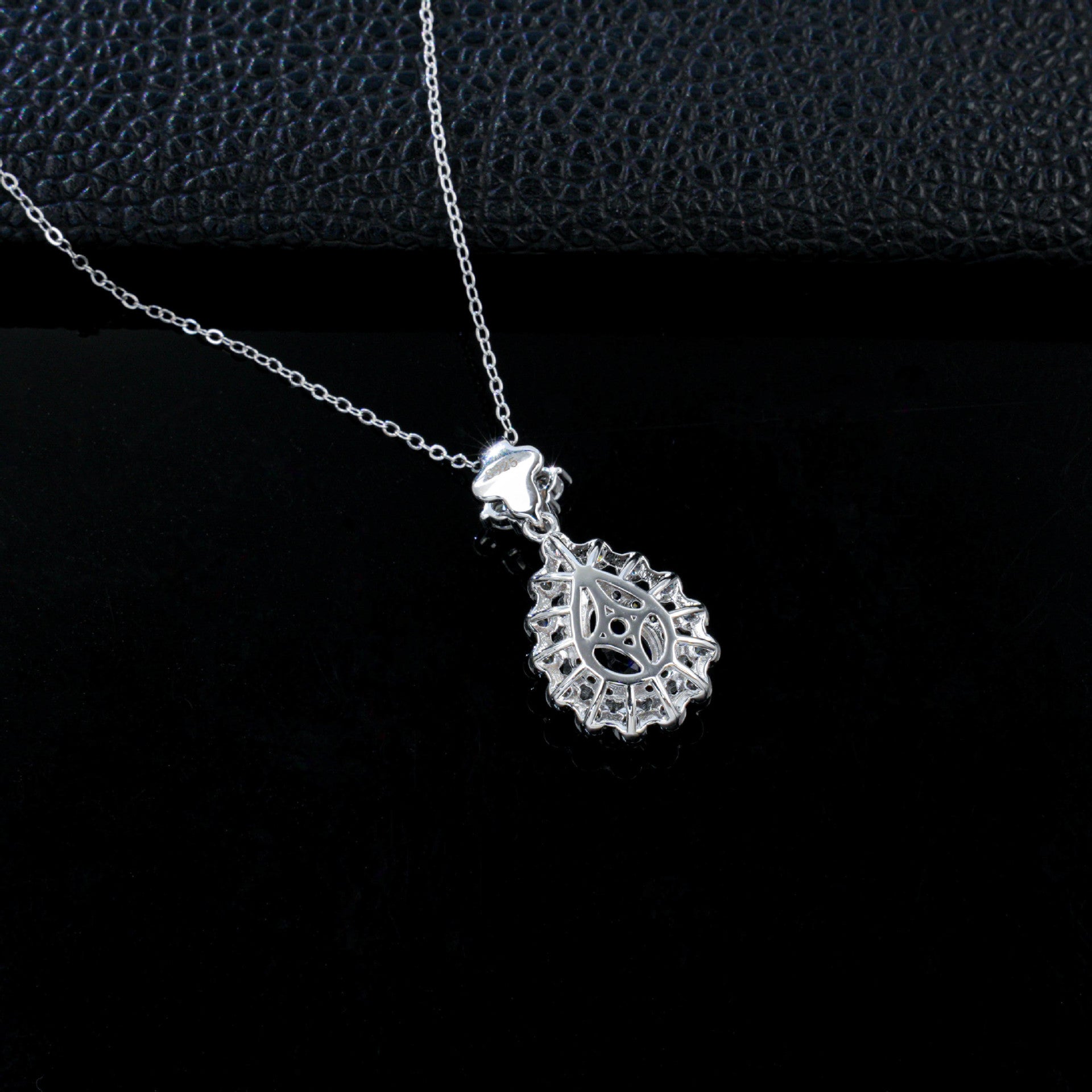 S925 Silver Royal Blue Lab Sapphire Teardrop Halo Necklace, Premium - Photo 4
