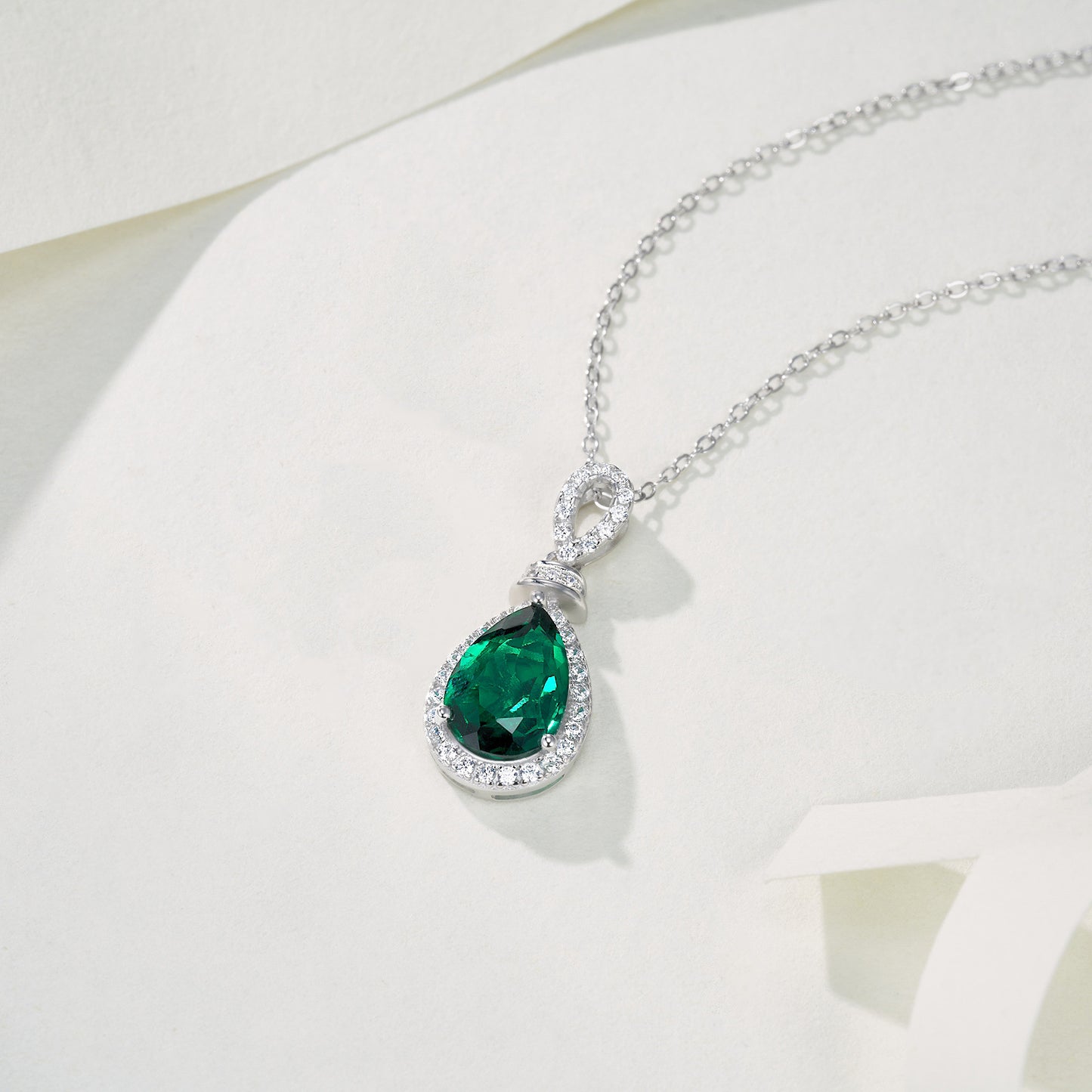 S925 Sterling Silver Lab Emerald Teardrop Halo Pendant Choker, Premium Elegant - Photo 3