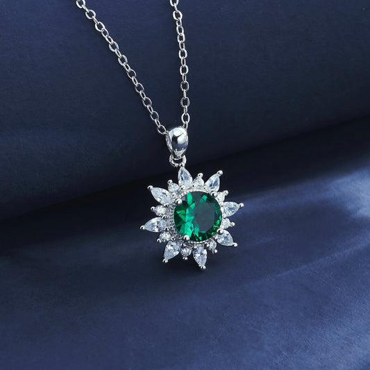 S925 Sterling Silver Lab Emerald Sunflower Halo Pendant Choker Necklace, Premium - Photo 2