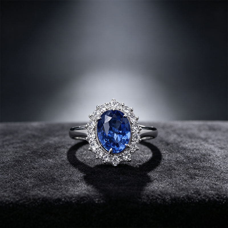 S925 Silver Oval Lab Sapphire Sunflower Staggered Halo Ring, Birthday Anniversary Gift - Photo 2