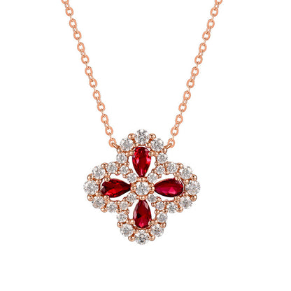 925 Sterling Silver Lab Ruby Four-Leaf Clover Teardrop Pendant Choker, Romantic Versatile Gift - Photo 5