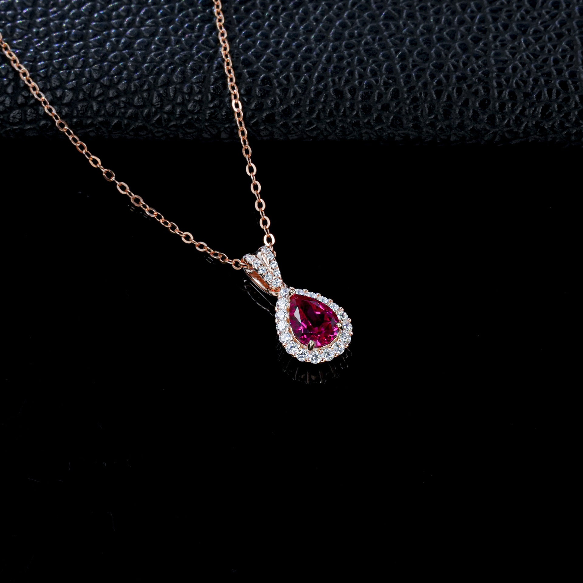 S925 Silver Teardrop Lab Ruby Necklace, Diamond Halo Birthday - Photo 3