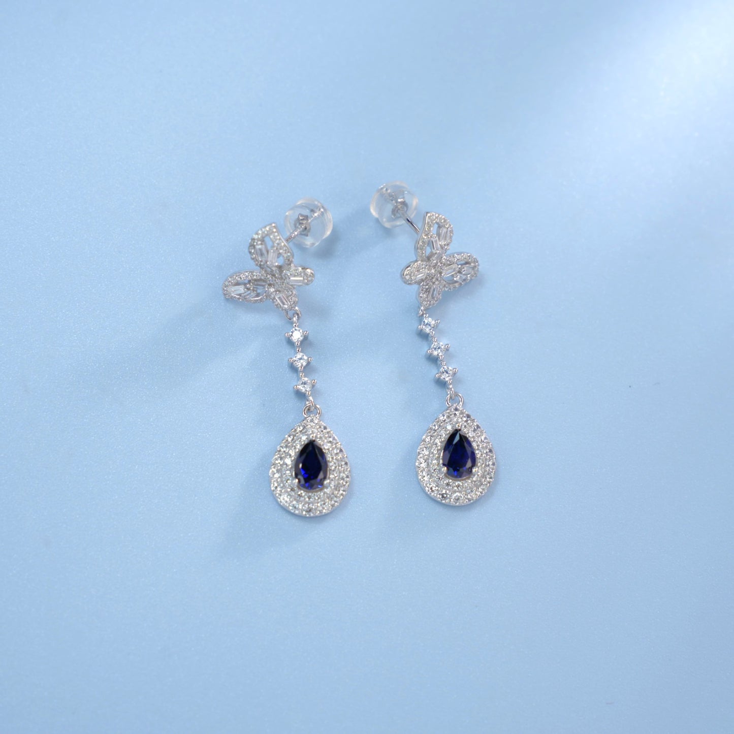S925 Silver Teardrop Lab Sapphire Long Drop Halo Women's Earrings - Photo 4