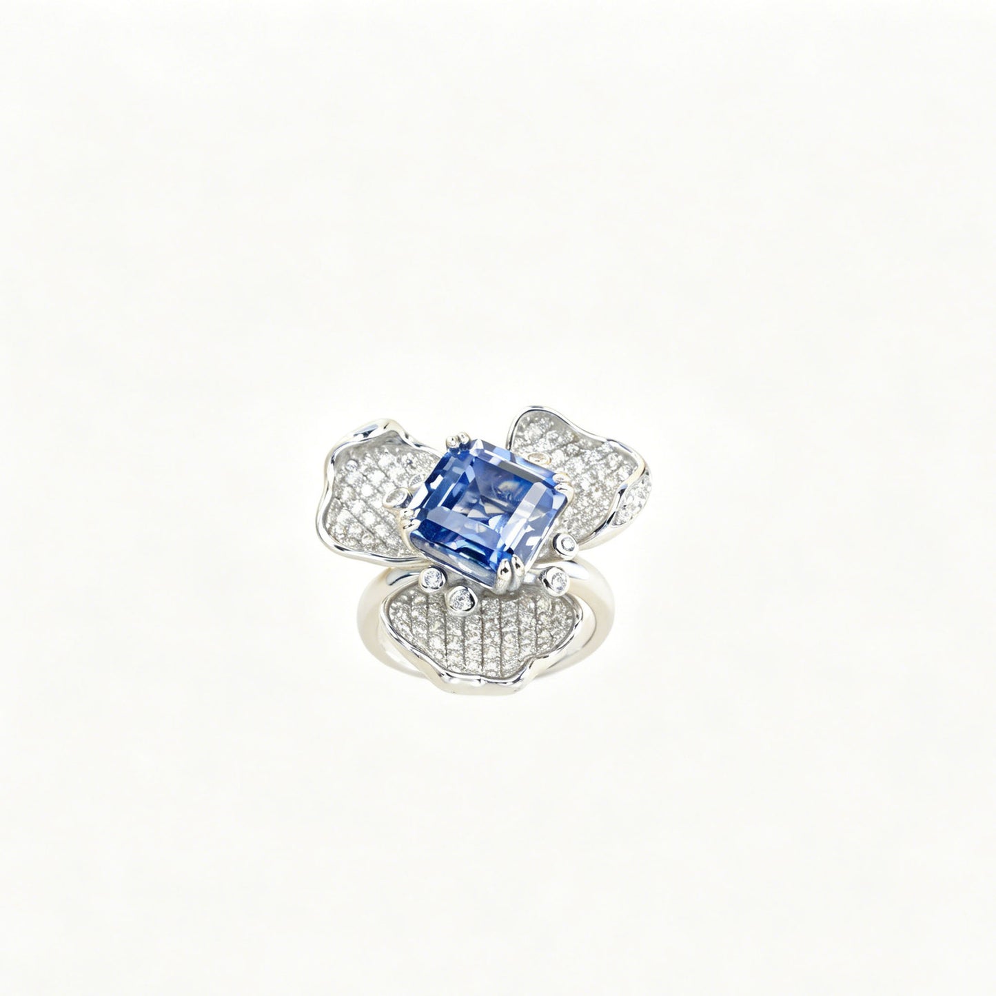 S925 Sterling Silver Lab Sapphire Flower Pave Ring, Premium Jewellery - Photo 5