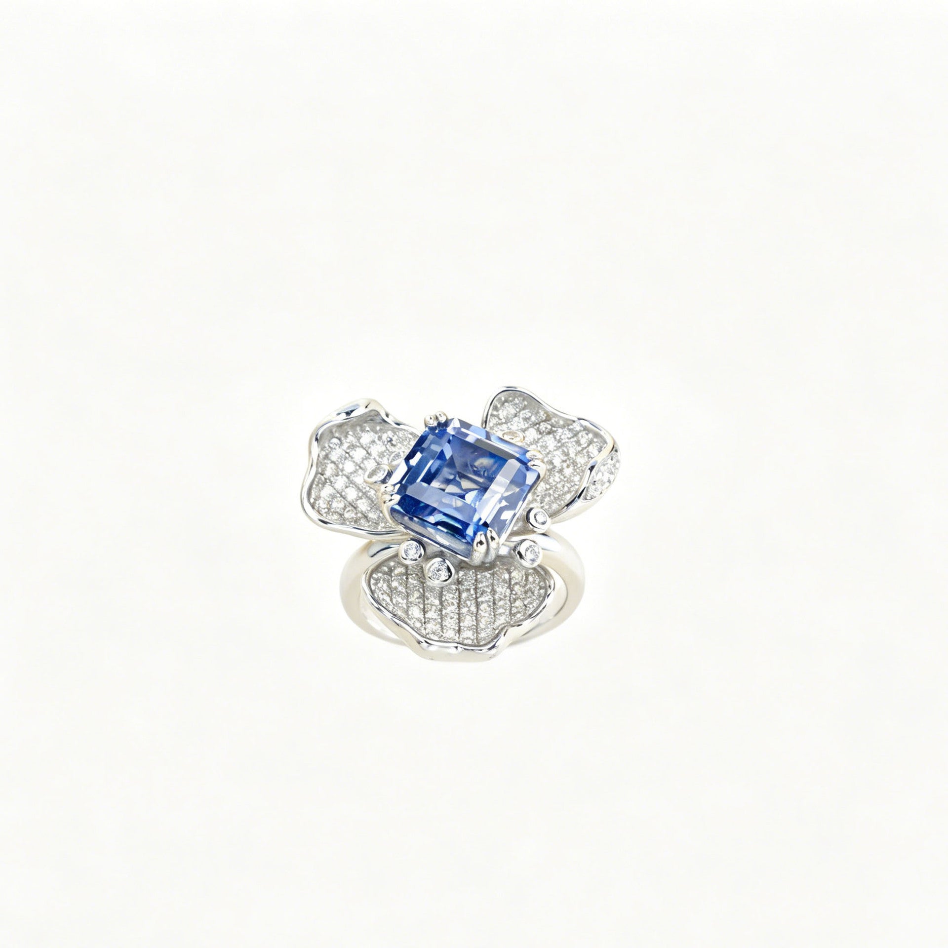 S925 Sterling Silver Lab Sapphire Flower Pave Ring, Premium Jewellery - Photo 5