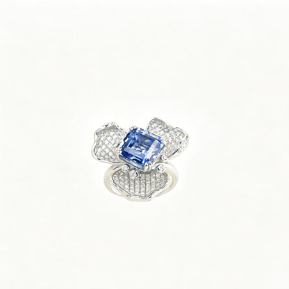 S925 Sterling Silver Lab Sapphire Flower Pave Ring, Premium Jewellery - Photo 5