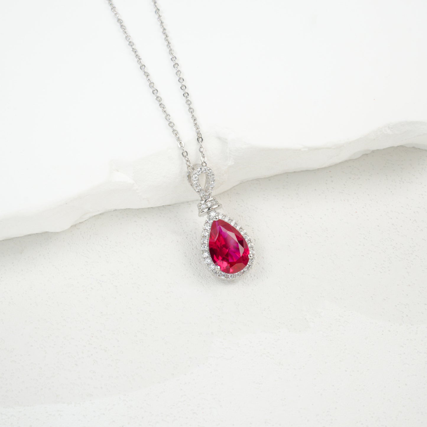 S925 Sterling Silver Lab Ruby Teardrop Pendant Necklace, Premium for Women - Photo 2