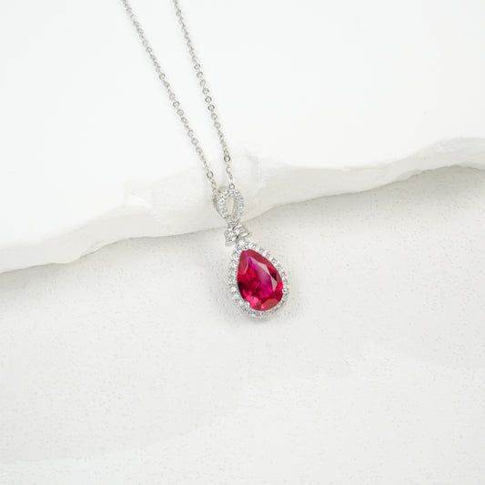 S925 Sterling Silver Lab Ruby Teardrop Pendant Necklace, Premium for Women - Photo 2
