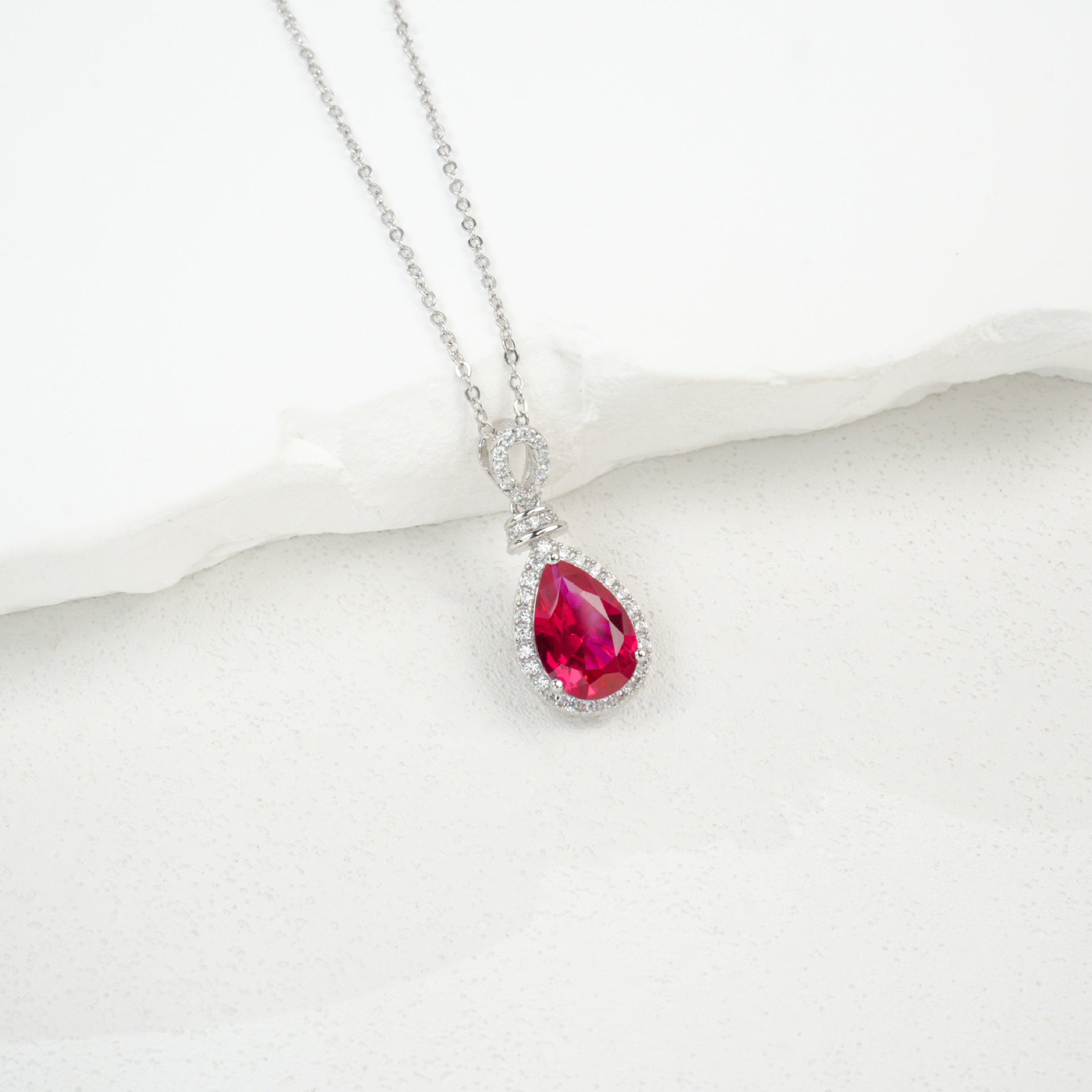S925 Sterling Silver Lab Ruby Teardrop Pendant Necklace, Premium for Women - Photo 3