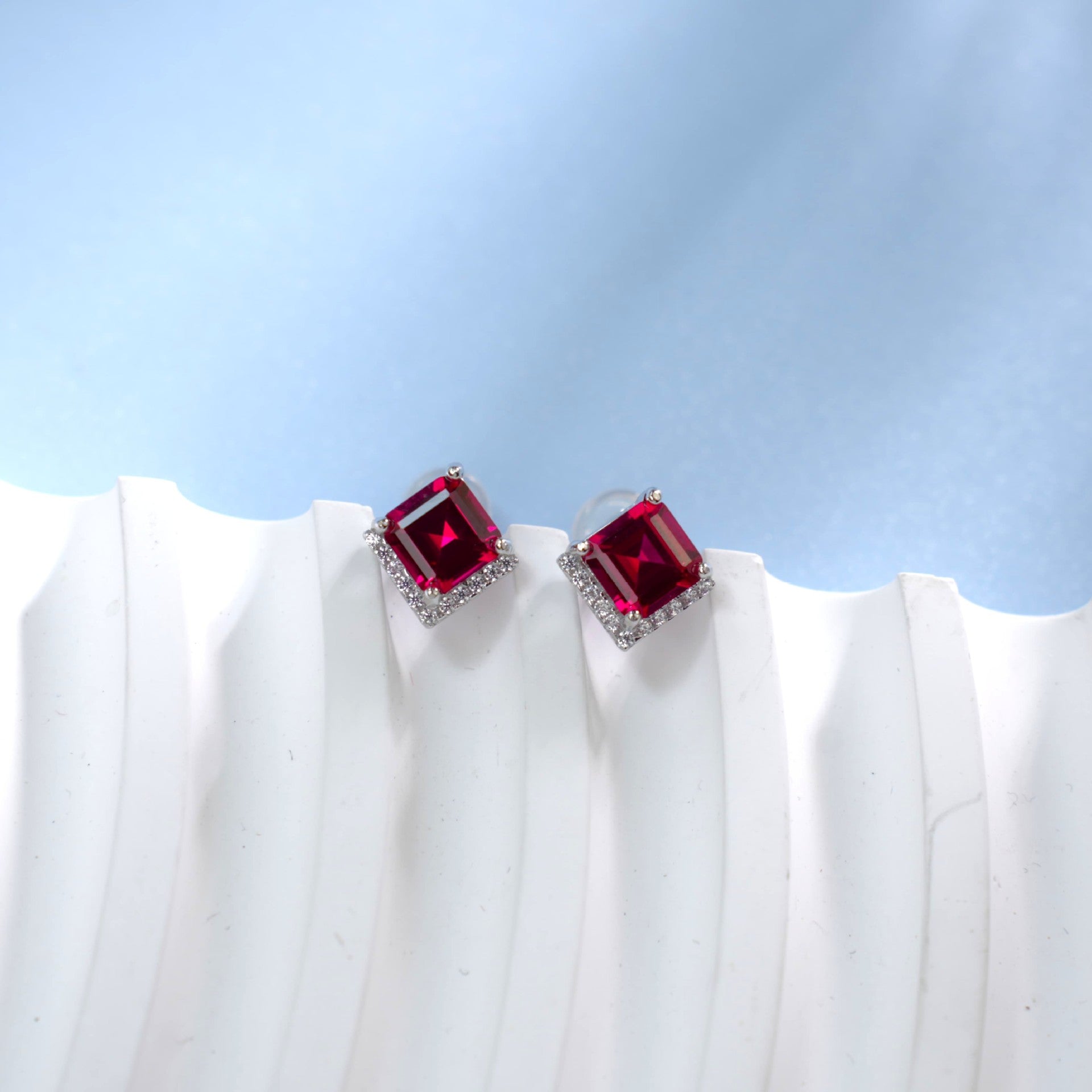 S925 Sterling Silver Emerald-Cut Lab Ruby Stud Earrings, Minimalist - Photo 3