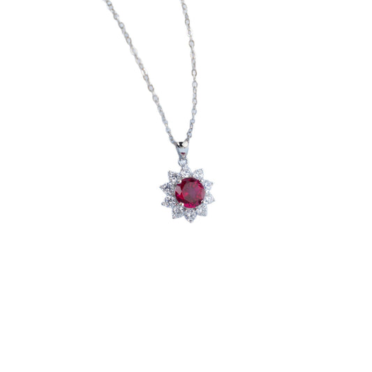 S925 Sterling Silver Lab Pigeon Blood Ruby Sunflower Halo Pendant Choker, Luxurious Premium - Photo 5